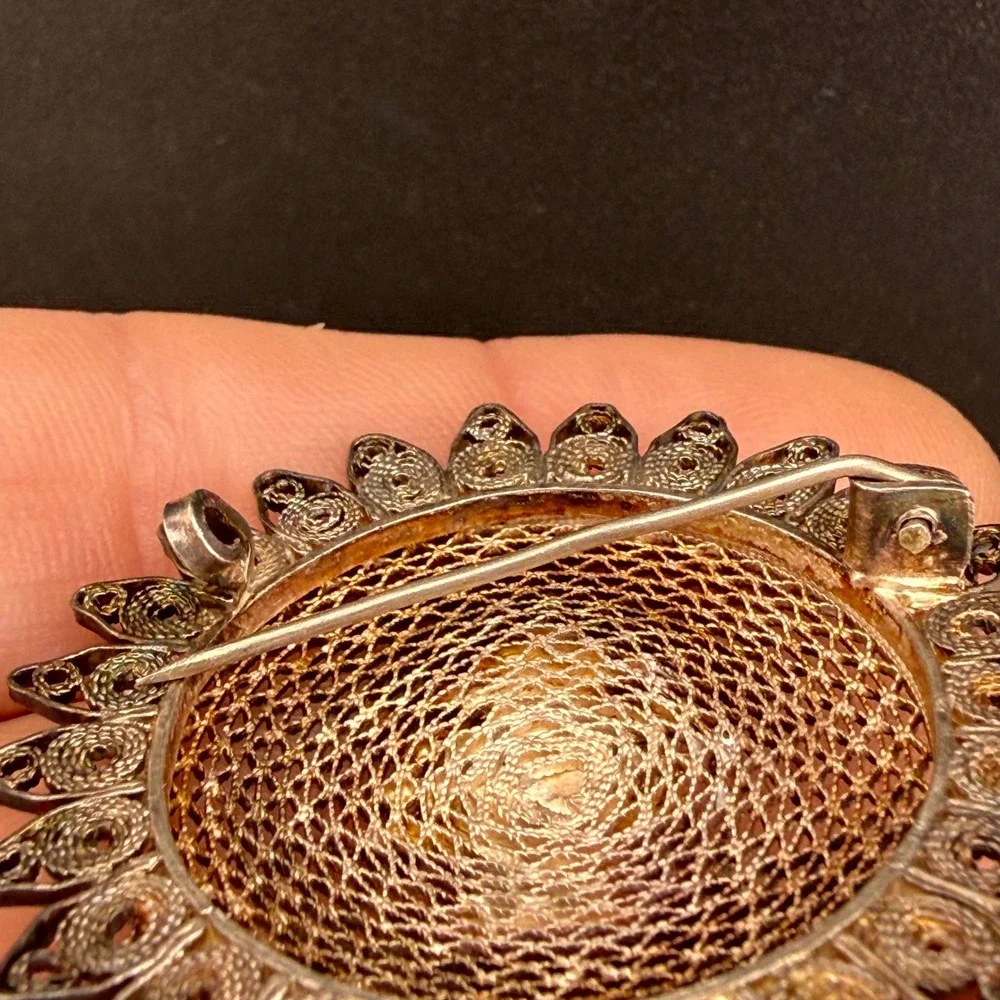 Vintage Spun Silver Cedar of Lebanon Brooch Silver Tone Round Pin